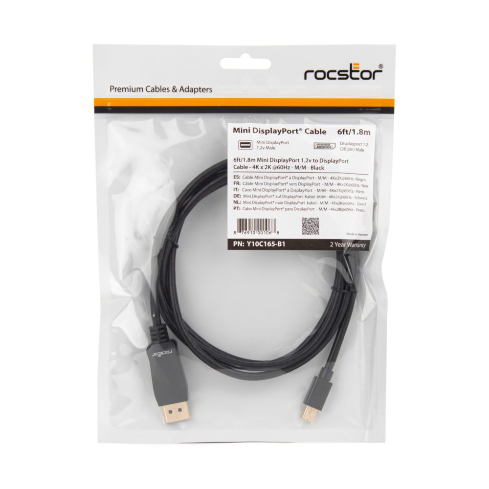 Rocstor Premium Mini DisplayPort to DisplayPort 1.2 Male Cable M/M